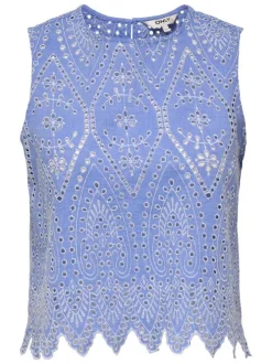 Top en coton bleu uni avec une coupe droite et un col rond