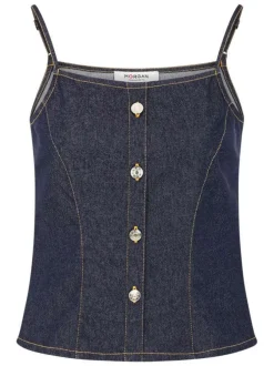 Top en coton mélangé brut uni avec une coupe ajustée et un décolleté arrondi