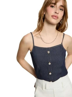 Top en coton mélangé brut uni avec une coupe ajustée et un décolleté arrondi