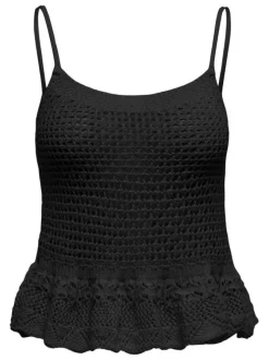 Top en coton mélangé noir uni avec une coupe droite et un col rond