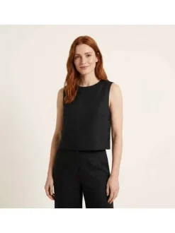 Top en coton noir uni avec un col rond et une fermeture boutonnée