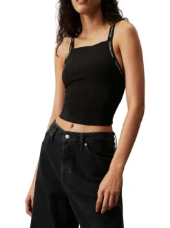 Top en coton noir uni avec une coupe cropped un col carré et des bretelles