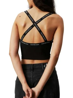 Top en coton noir uni avec une coupe cropped un col carré et des bretelles