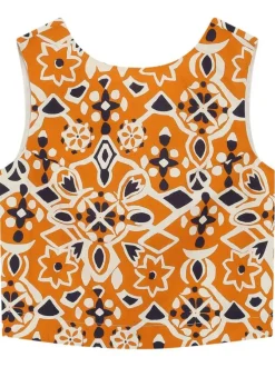 Top en coton orange à motifs pourvu d'une coupe droite et d'un col rond