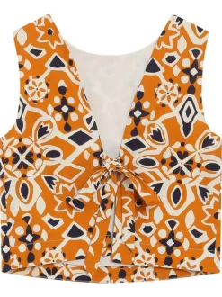 Top en coton orange à motifs pourvu d'une coupe droite et d'un col rond