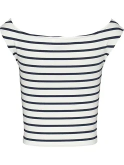Top en coton régénératif écru rayé style marinière à coupe ajusté et col bateau