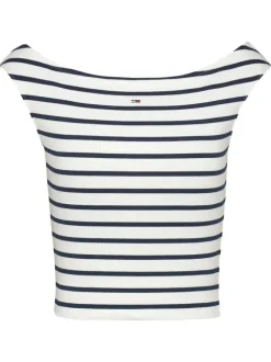 Top en coton régénératif écru rayé style marinière à coupe ajusté et col bateau