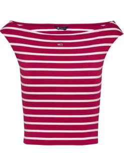 Top en coton régénératif framboise rayé style marinière ajusté à col rond