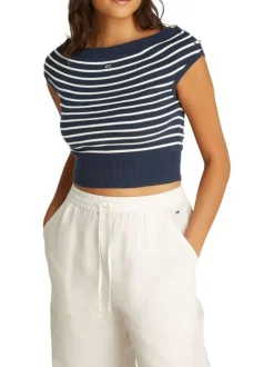 Top en coton régénératif marine rayé style marinière bardot, ajusté à col rond