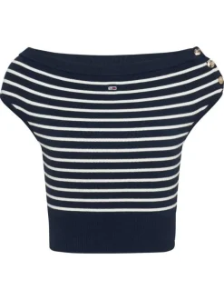 Top en coton régénératif marine rayé style marinière bardot, ajusté à col rond