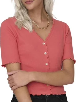 Top en coton rose uni coupe droite avec un col v et boutonné à l'avant