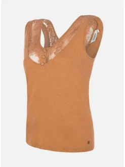 Top en dentelle devant et dos pour femme camel avec du lin droite PIKU
