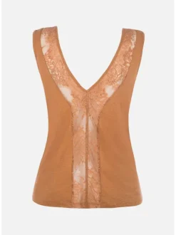 Top en dentelle devant et dos pour femme camel avec du lin droite PIKU