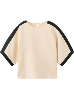 Top en lin beige uni pourvu d'une coupe droite et de manches longues