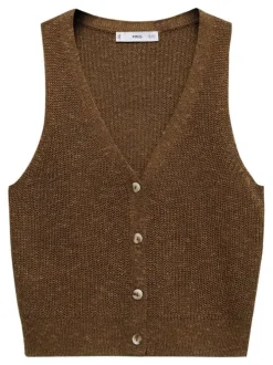 Top en maille marron uni à col v sans manches fermé par des boutons