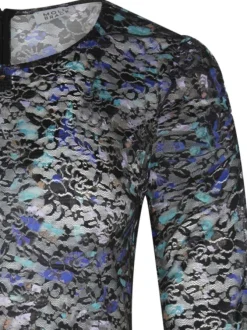 Top en voile noir et multicolore imprimé coupe droite col rond et à manches longues