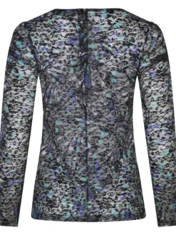 Top en voile noir et multicolore imprimé coupe droite col rond et à manches longues