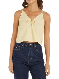 Top à fines bretelles en coton biologique jaune uni à coupe cropped et col v