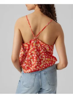 Top à fines bretelles rouge fleuri avec une coupe droite et un col v