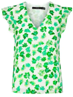 Top fleuri vert avec des froufrous et un col V