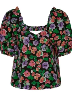 Top imprimé floral en coton maille effet gaufrée coupe cropped et col v à manches courtes