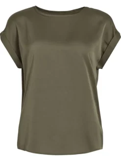 Top kaki imitation satin avec une coupe fluide et un col rond