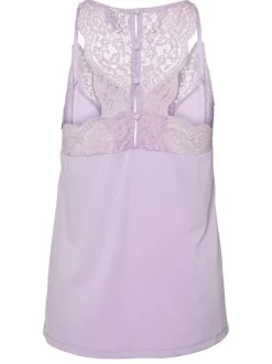 Top lavande uni coupe régular avec un col v et de la dentelle dans le dos et au col