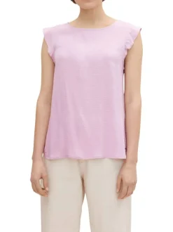 Top lilas uni coupe régular avec un col rond et des volants sur la manches