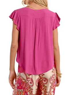 Top manches courtes fuchsia uni avec une coupe droite et un col v