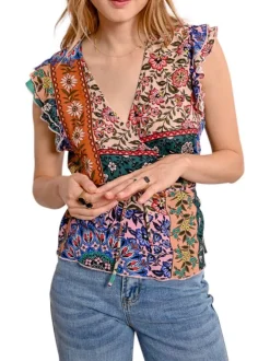 Top manches courtes multicolore fleuri avec une coupe droite et un col v
