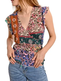 Top manches courtes multicolore fleuri avec une coupe droite et un col v