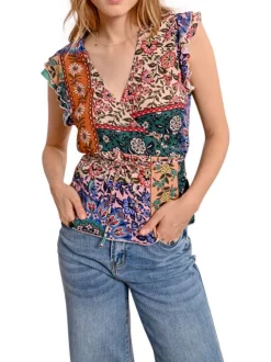 Top manches courtes multicolore fleuri avec une coupe droite et un col v