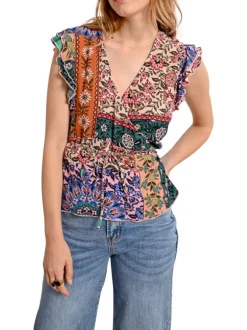 Top manches courtes multicolore fleuri avec une coupe droite et un col v