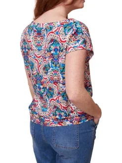 Top manches courtes multicolore fleuri avec une coupe droite et un col v
