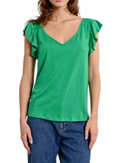 Top manches courtes vert uni avec une coupe droite et un col v