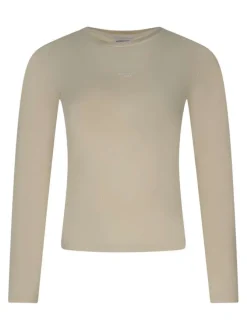 Top à manches longues en coton beige côtelé à coupe près du corps