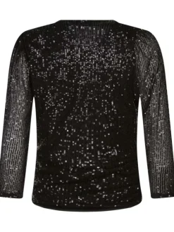 Top à manches 3/4 noir en sequins avec une coupe ajustée et un col cache-coeur