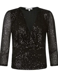 Top à manches 3/4 noir en sequins avec une coupe ajustée et un col cache-coeur