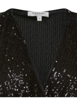 Top à manches 3/4 noir en sequins avec une coupe ajustée et un col cache-coeur