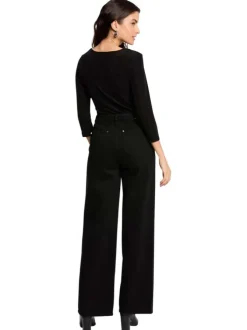 Top à manches 3/4 noir pailleté à coupe ajustée avec un col v