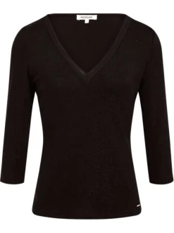 Top à manches 3/4 noir pailleté à coupe ajustée avec un col v