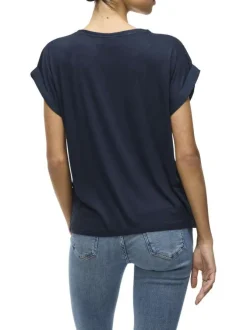 Top marine uni avec une coupe droite à col rond et des manches courtes