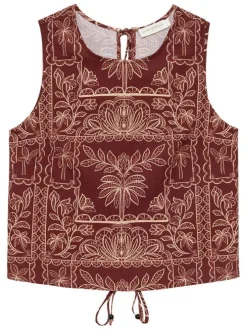 Top marron à motifs sans manche pourvu d'une coupe droite et d'un col rond