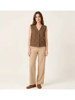 Top marron uni avec une coupe droite et pourvu d'un col en V