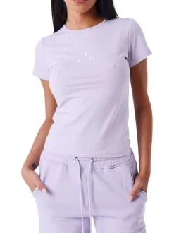 Top mauve uni col rond avec une coupe crop et à manches courtes