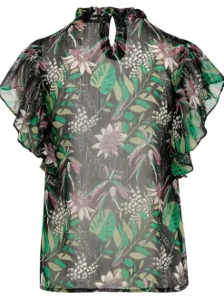 Top multicolore fantaisie coupe droite col rond et fente dans le dos
