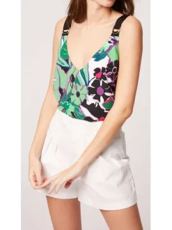 Top multicolore pour femme imprimé végétal coupe évaséee
