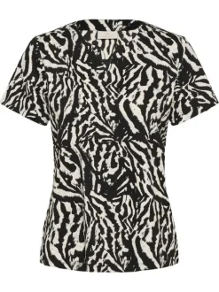 Top noir animalier pourvu d'une coupe ajustée et d'un col tunisien