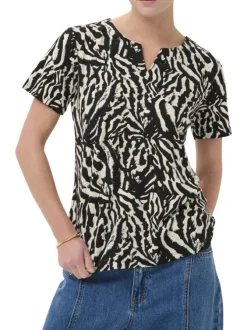 Top noir animalier pourvu d'une coupe ajustée et d'un col tunisien