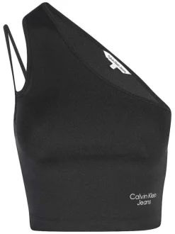 Top noir asymétrique sans manches avec logo écriture blanc